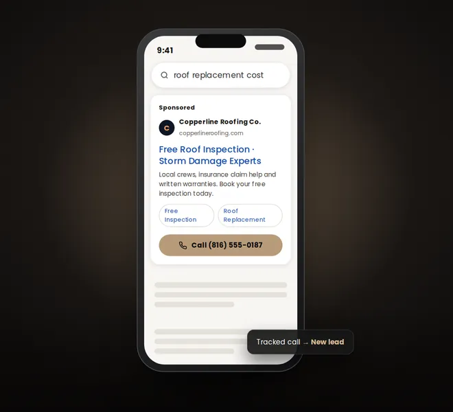 Celular con un anuncio patrocinado de una empresa de techos y un botón para llamar