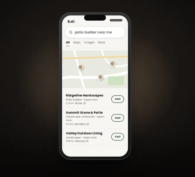 Celular con resultados de búsqueda local, un mapa y contratistas